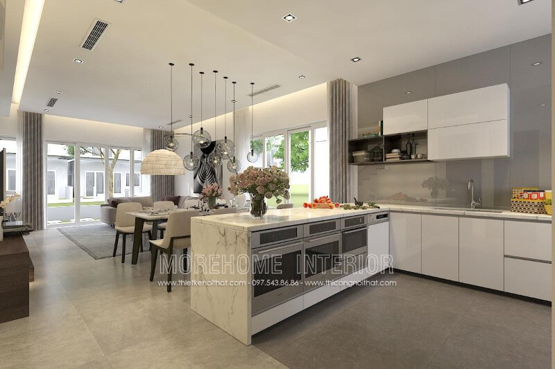 Thiết kế tủ bếp hiện đại liền kề với khu vực sinh hoạt chung khác mang lại cho gia chủ một không gian sống đầy đủ tiện nghi hơn cả Thiết kế và sản xuất tủ bếp đẹp