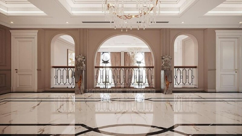 Thiết kế hành lang đẹp, sang trọng cho phòng khách thông tầng. Mẫu thiết kế và thi công nội thất biệt thự