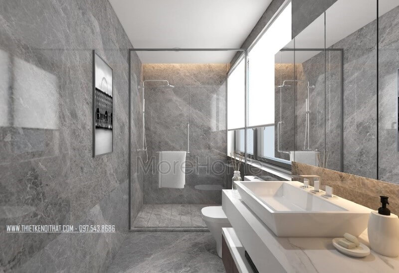 Phòng tắm hiện đại nổi bật với sắc trầm chủ đạo từ đá xám ốp tường cao cấp. Mẫu thiết kế và thi công nội thất biệt thự