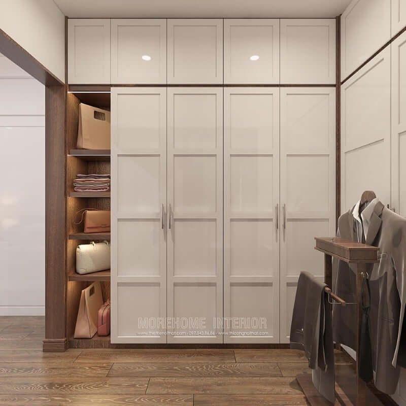 Mẫu tủ quần áo hiện đại sơn bệt màu trắng với thiết kế độc đáothêm ngăn tủ không cánh mang đến vẻ đẹp sang trọng cho không gian căn phòng