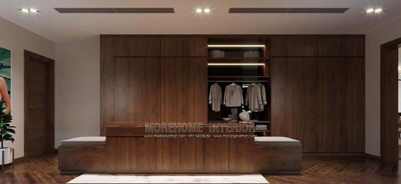 Mẫu thiết kế tủ quần áo hiện đại với kích thước lớn sử dụng gỗ óc chó cao cấp màu nâu trầm tạo điểm nhấn nổi bật toát lên vẻ đẳng cấp của căn phòng