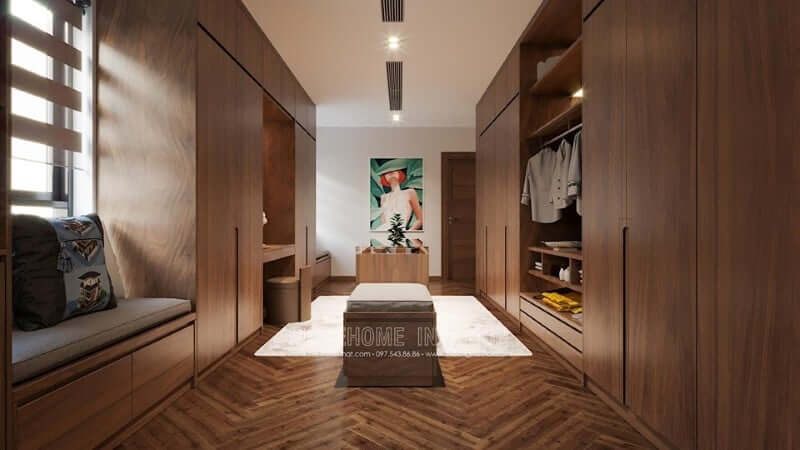 Mẫu tủ quần áo đẹp với thiết kế hiện đại kết hợp kệ gỗ không cánh ở giữa ấn tượng cùng đường vân lôi cuốn sang chảnh phù hợp với phòng ngủ biệt thư, chung cư