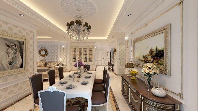 Mẫu thiết kế nội thất phòng ăn chung cư phong cách ăn tân cổ điển