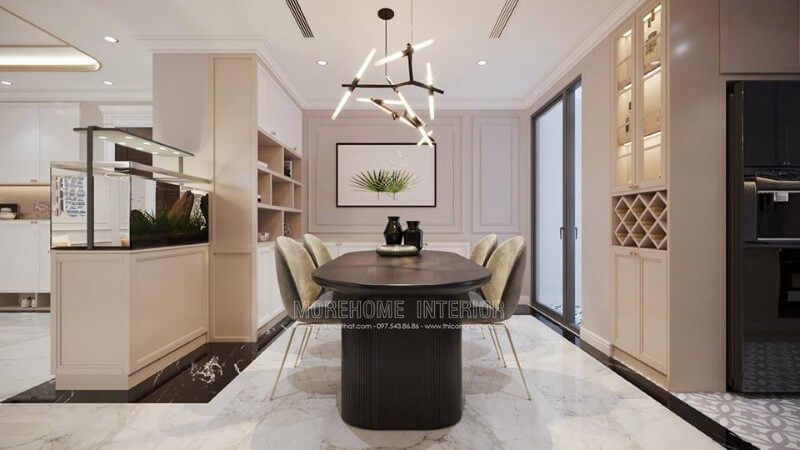 Thiết kế nội thất phòng ăn chung cư với gam màu đơn giản, nội thất bố trí khoa học, đa năng
