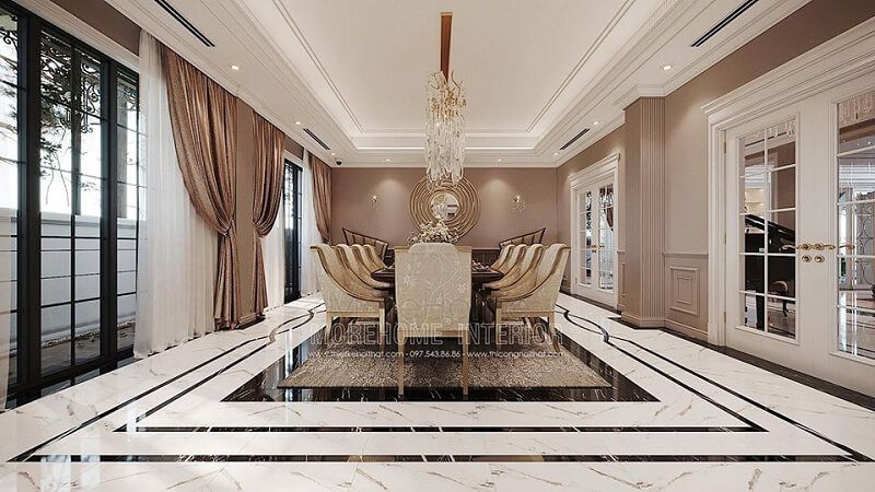 Thiết kế nội thất phòng ăn biệt thự đẹp với bộ bàn ăn tân cổ điển màu vàng kim cuốn hút mọi ánh nhìn