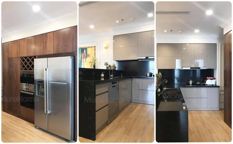 Hình ảnh tủ bếp gỗ hiện đại đẹp được Morehome thi công lắp đặt hoàn thiện ở chung cư Vinhomes Gardenia Mỹ Đình Hà Nội