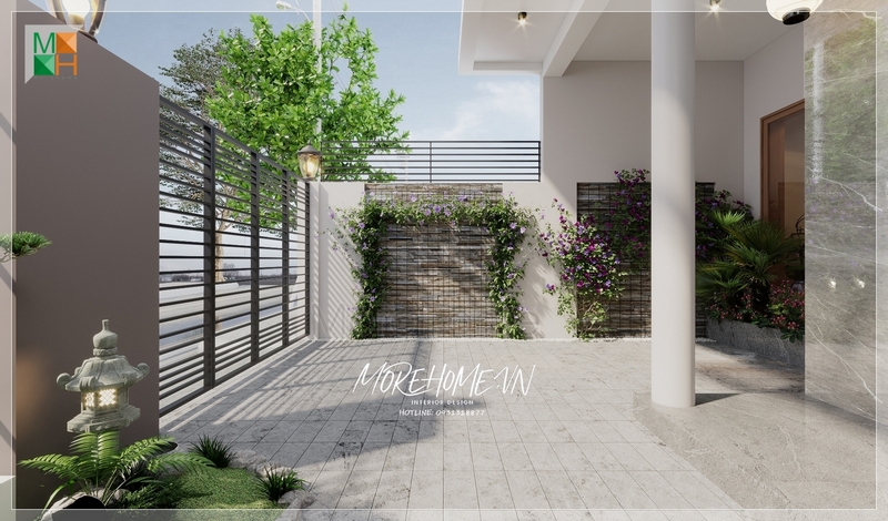 Thiết kế sân trước nhà phố không gian chính khi bước vào nhà, cây cảnh, hoa lá được bố trí sắp xếp khoa học, thẩm mỹ